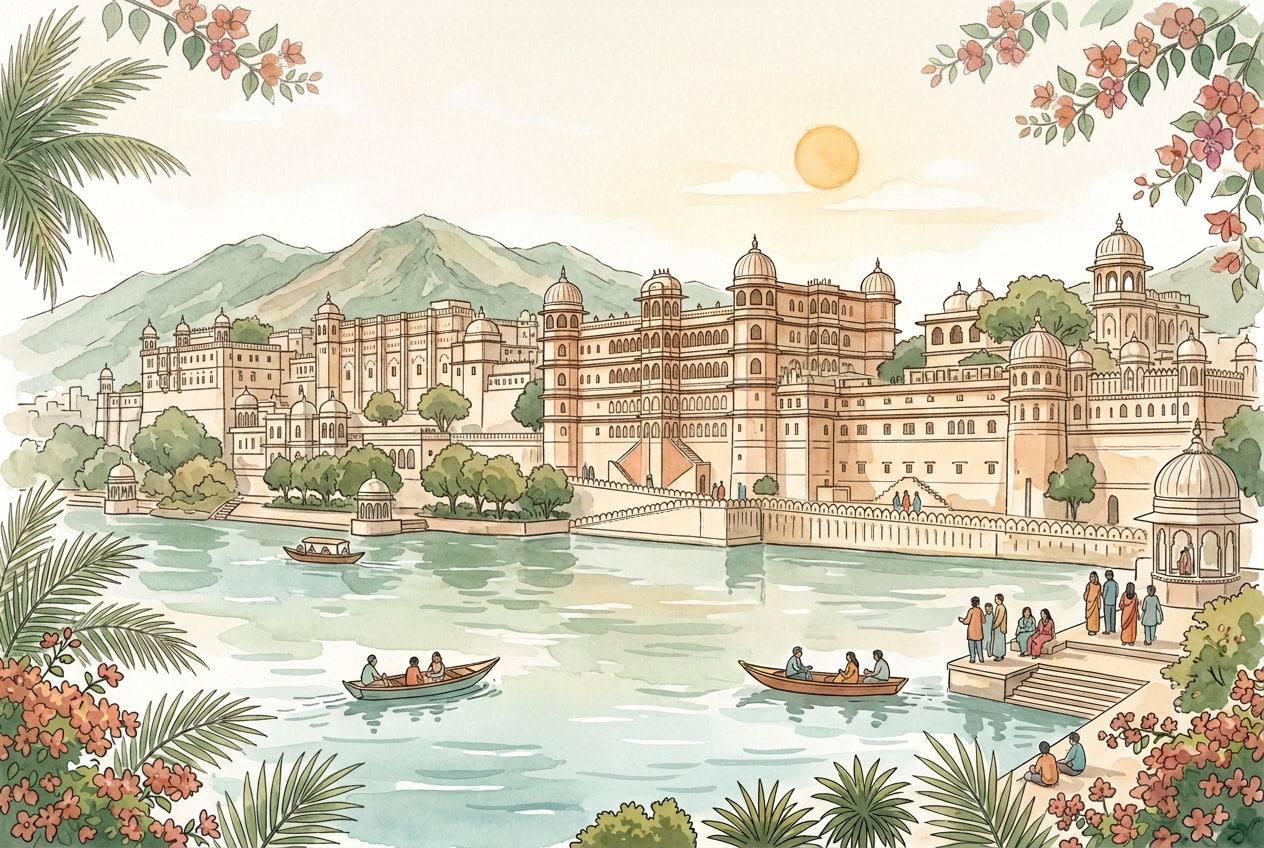 Watercolour illustration of the Udaipur City Palace reflected in Lake Pichola at sunrise